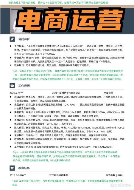 HR指导-电商运营求职优质简历模板简历范文可借鉴